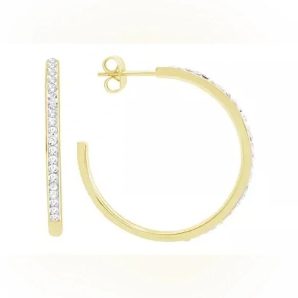 NEW And Now This High Polished Clear Crystal Duo C Hoop Earring Pair, Gold Plate - Picture 3 of 4